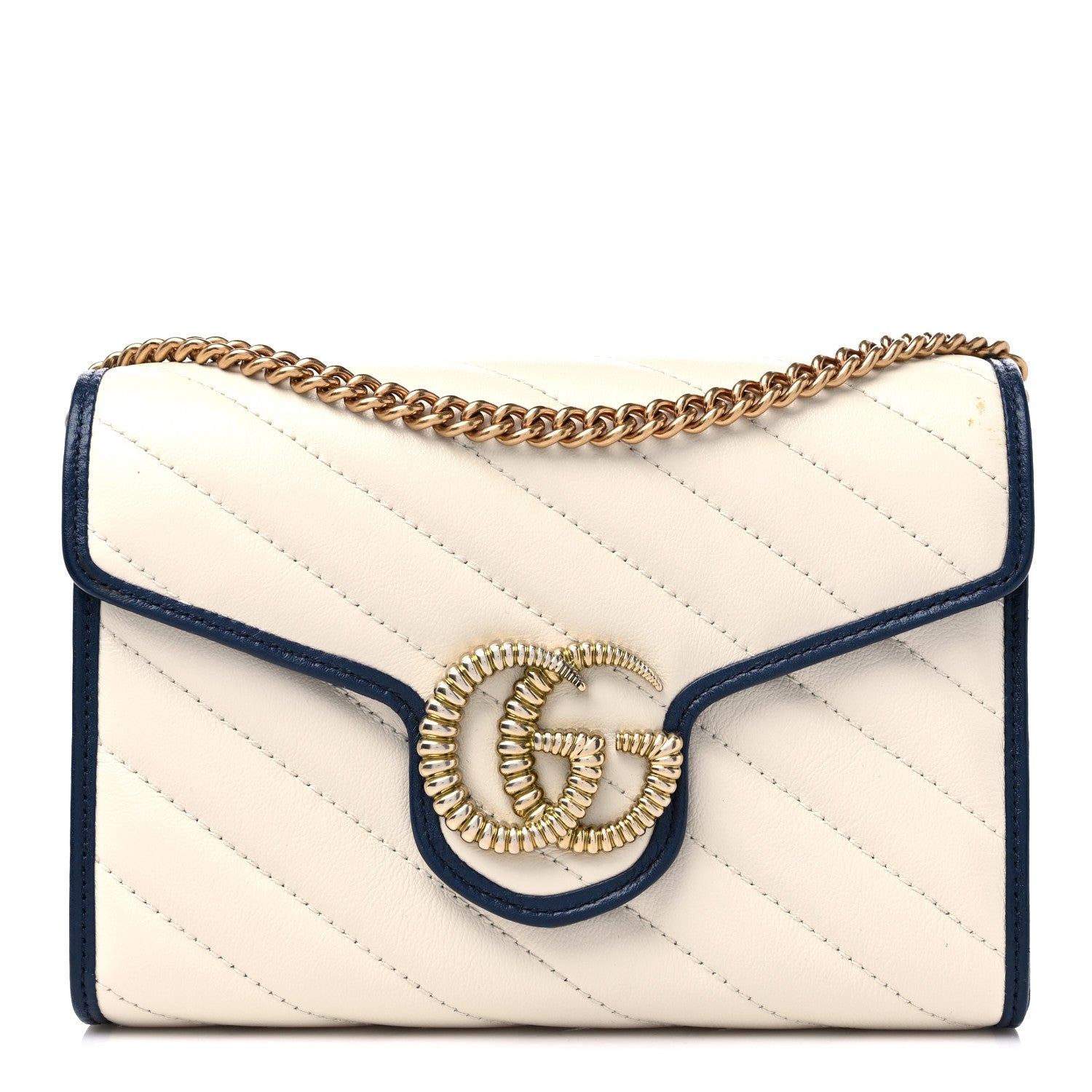 Gucci Vintage Effect Calfskin Matelasse Diagonal Torchon GG Marmont Chain Wallet Mystic White Blue Agata 1 of 9