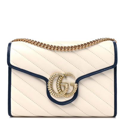 Gucci Vintage Effect Calfskin Matelasse Diagonal Torchon GG Marmont Chain Wallet Mystic White Blue Agata 1 of 9