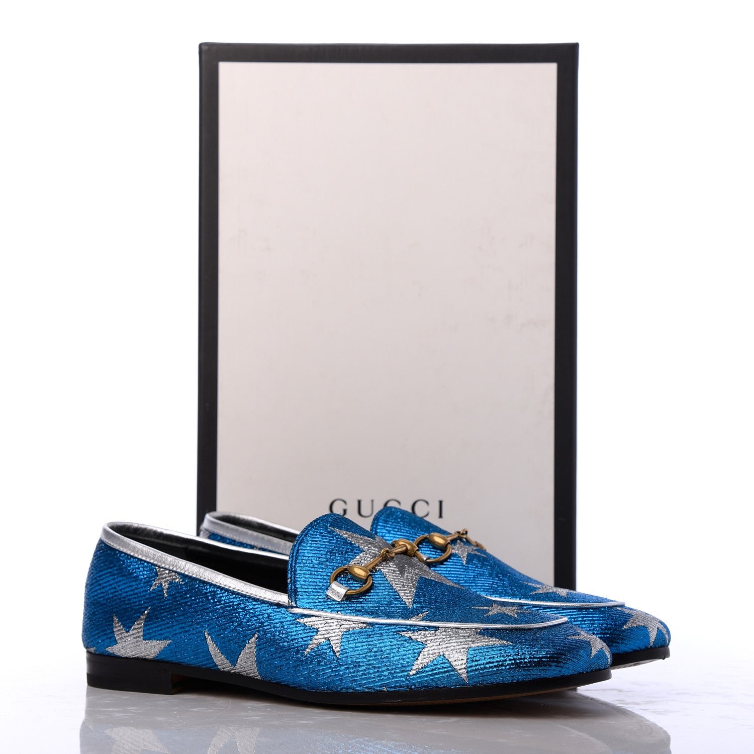 Gucci Lurex Calfskin Starry Sky Womens Jordaan Loafers 39 Bluette Silver 16 of 16