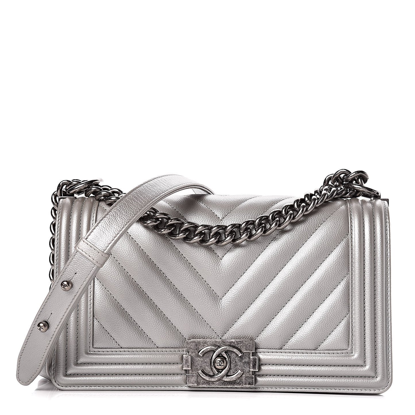 Metallic Caviar Chevron Quilted Medium Boy Flap Silver