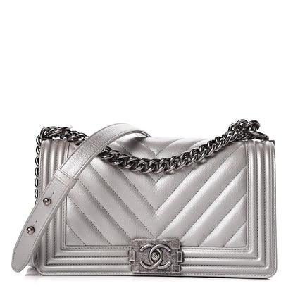 Chanel Metallic Caviar Chevron Quilted Medium Boy Flap Silver 1 of 11