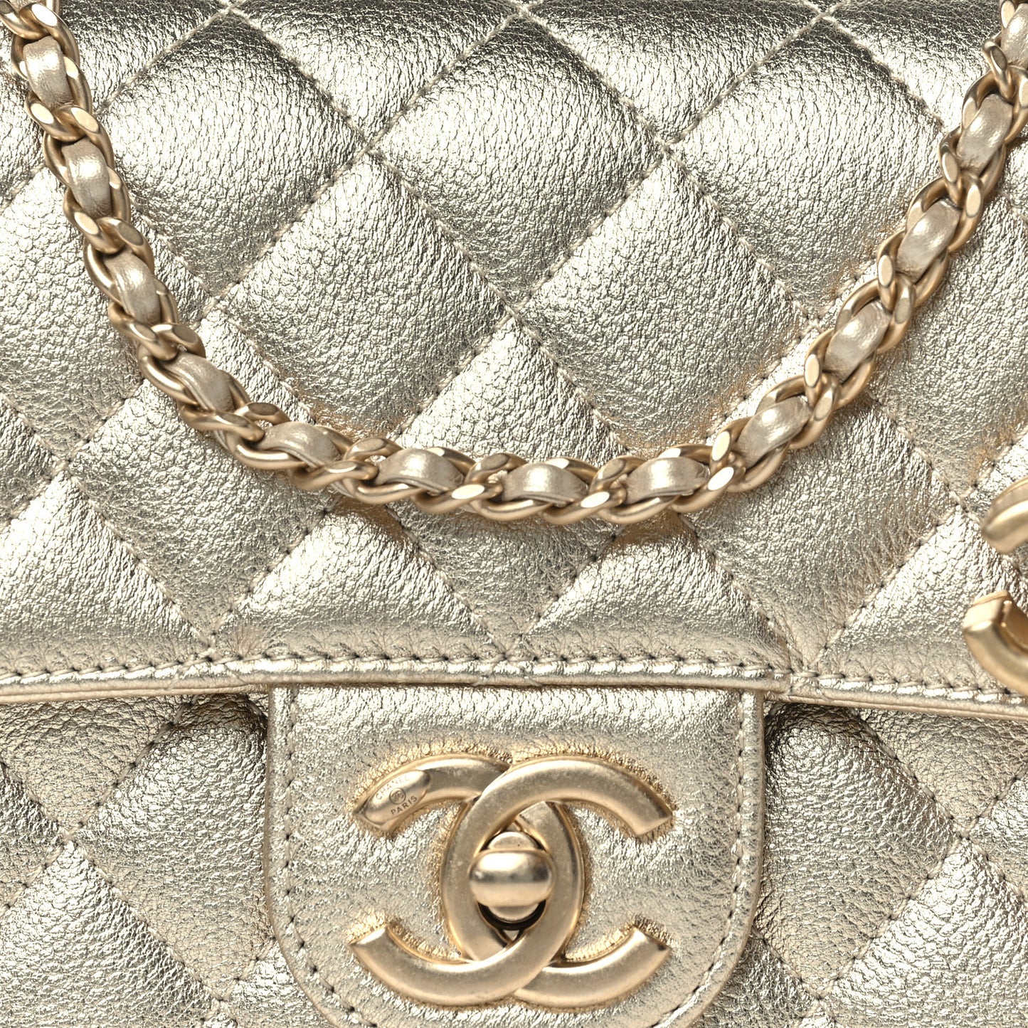 Metallic Caviar Quilted Mini Square CC Slide Flap Gold