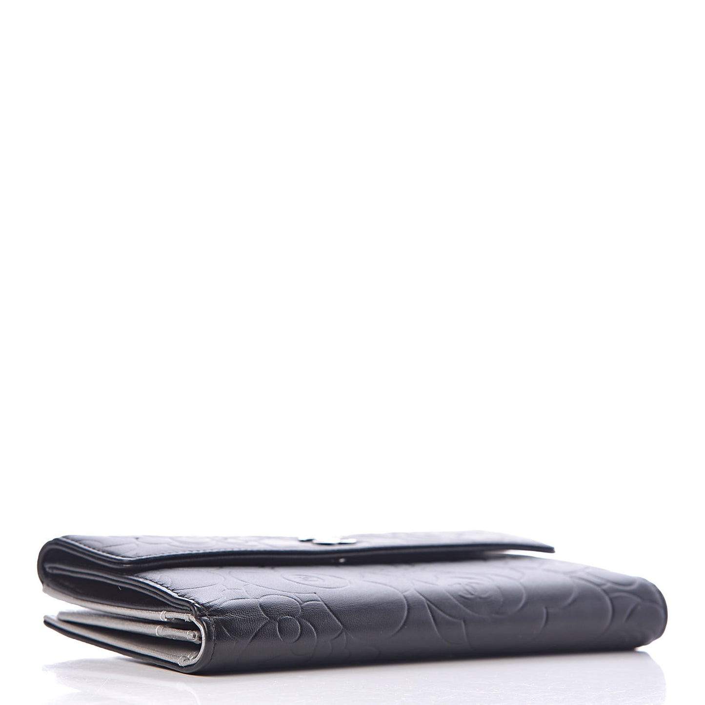 Lambskin Camellia Embossed Long Double Wallet Black