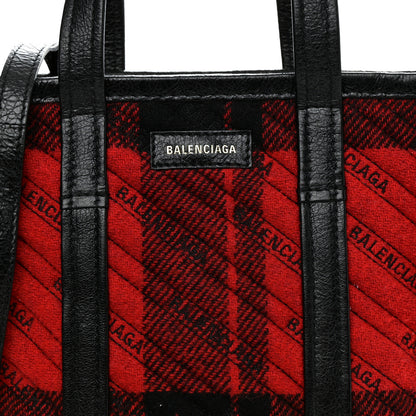 Balenciaga Wool Cuir Arena Plaid Diagonal Allover Logo Matelasse XS Bazar Shopper Tote Red Black 7 of 9