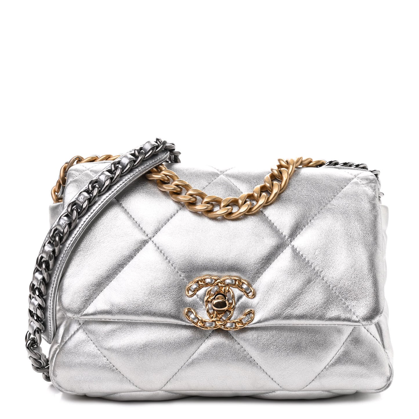 Metallic Lambskin Quilted Medium Chanel 19 Flap Silver