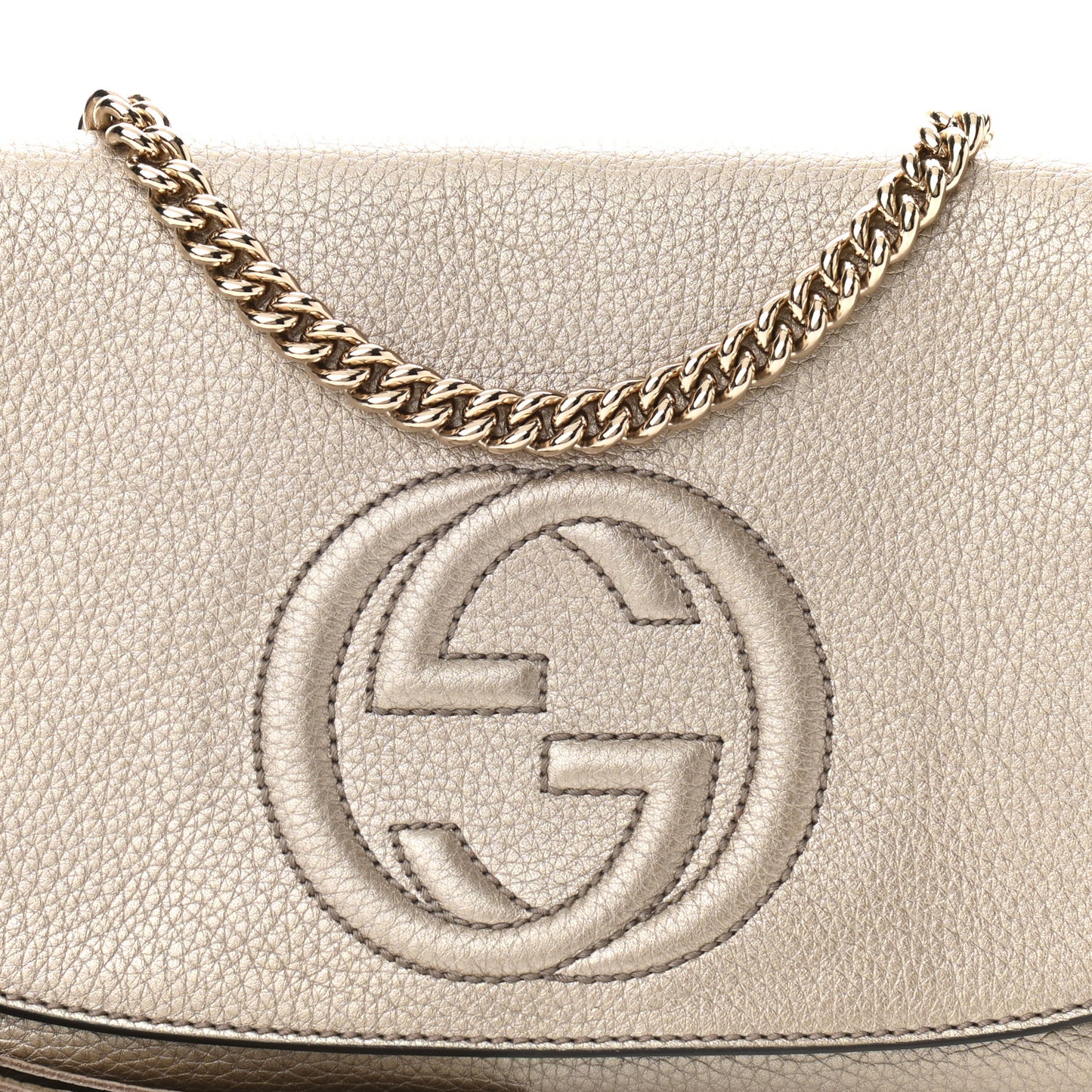 Metallic Pebbled Calfskin Medium Soho Flap Crossbody Golden Beige