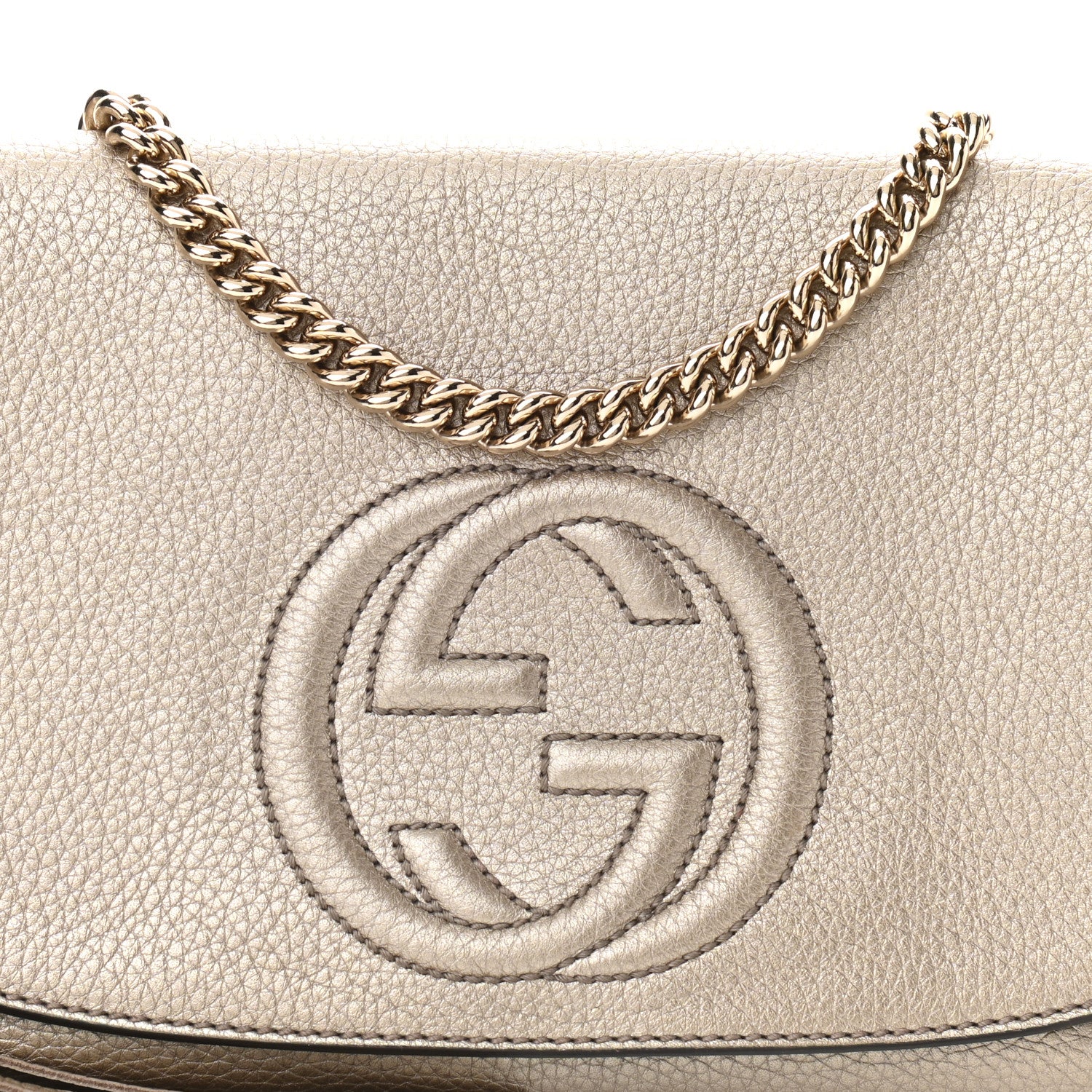 Gucci Metallic Pebbled Calfskin Medium Soho Flap Crossbody Golden Beige 8 of 11