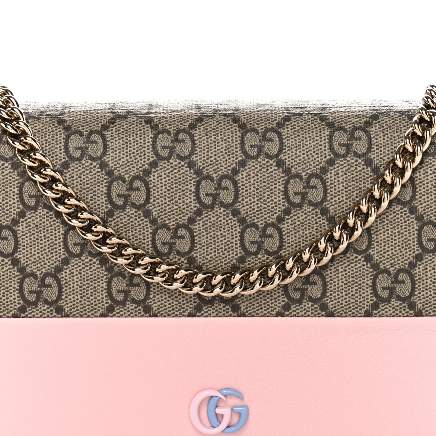 GG Supreme Monogram Textured Dollar Calfskin Mini GG Marmont Chain Wallet Light Pink Blue Beige