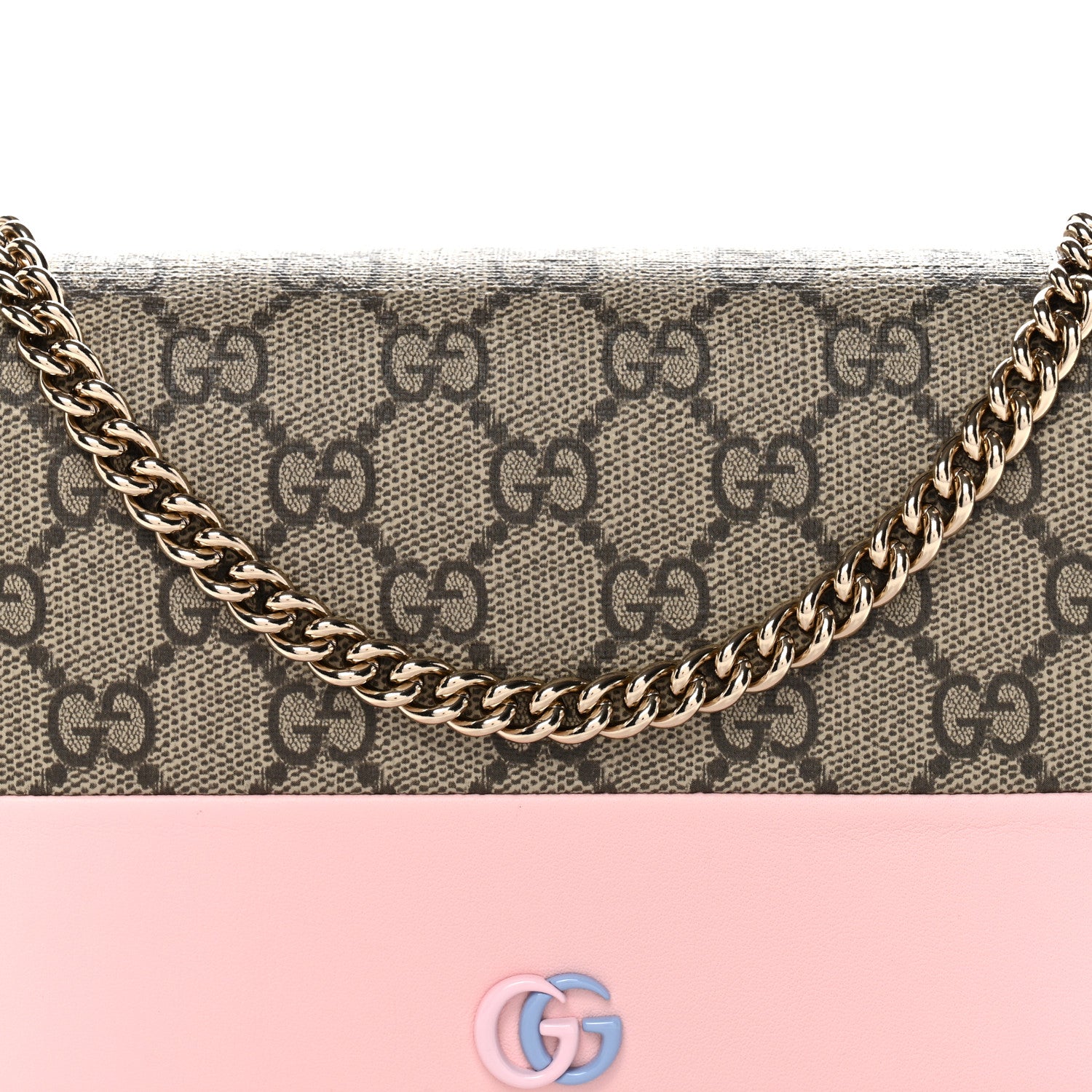 Gucci GG Supreme Monogram Textured Dollar Calfskin Mini GG Marmont Chain Wallet Light Pink Blue Beige 7 of 9
