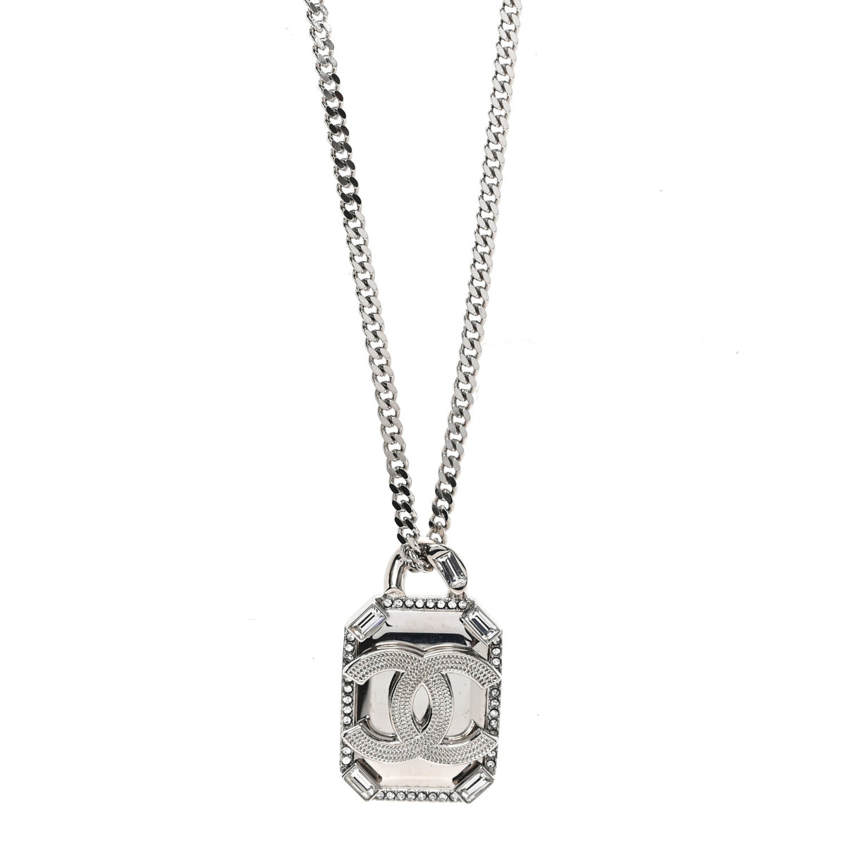 Crystal Baguette CC Mirror Pendant Necklace Silver
