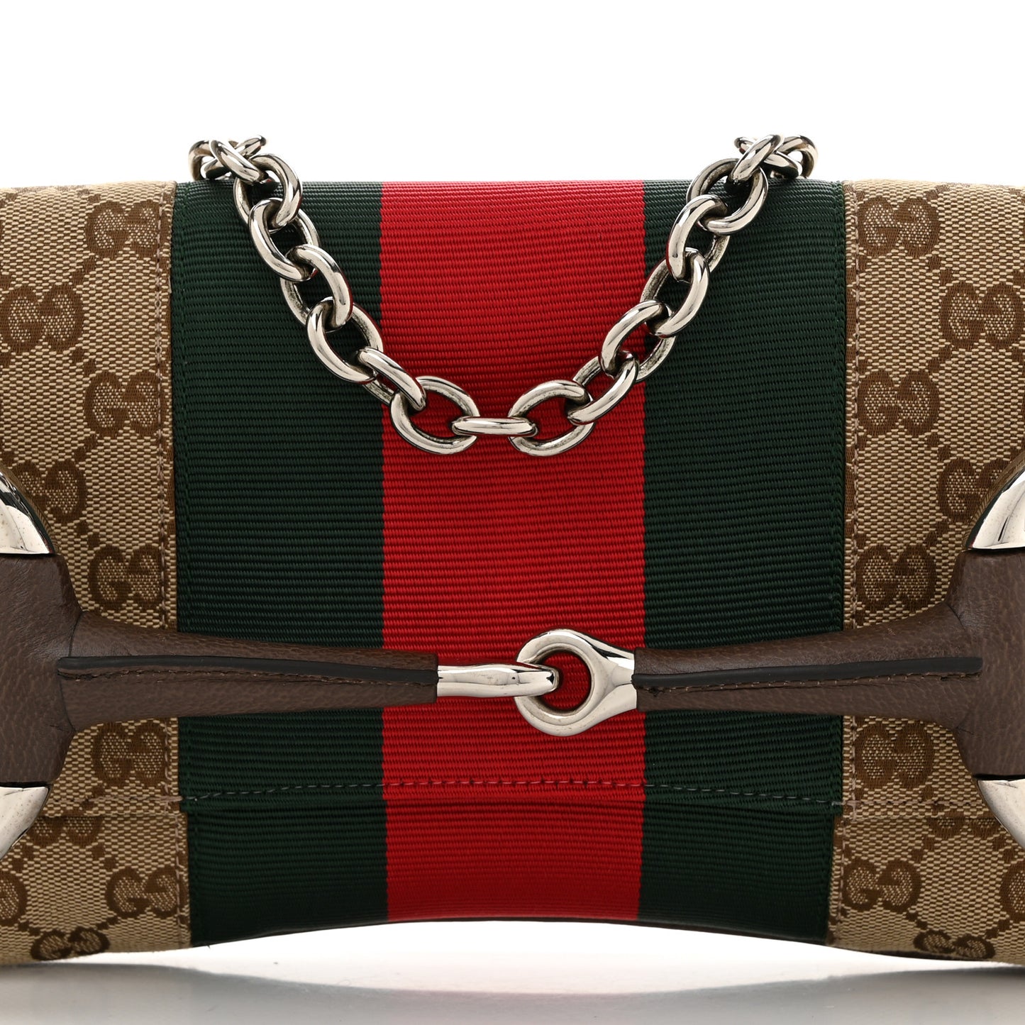 Monogram Textured Dollar Calfskin Heavy Grosgrain Web Medium Maxi Horsebit Chain Shoulder Bag Beige Ebony New Acero