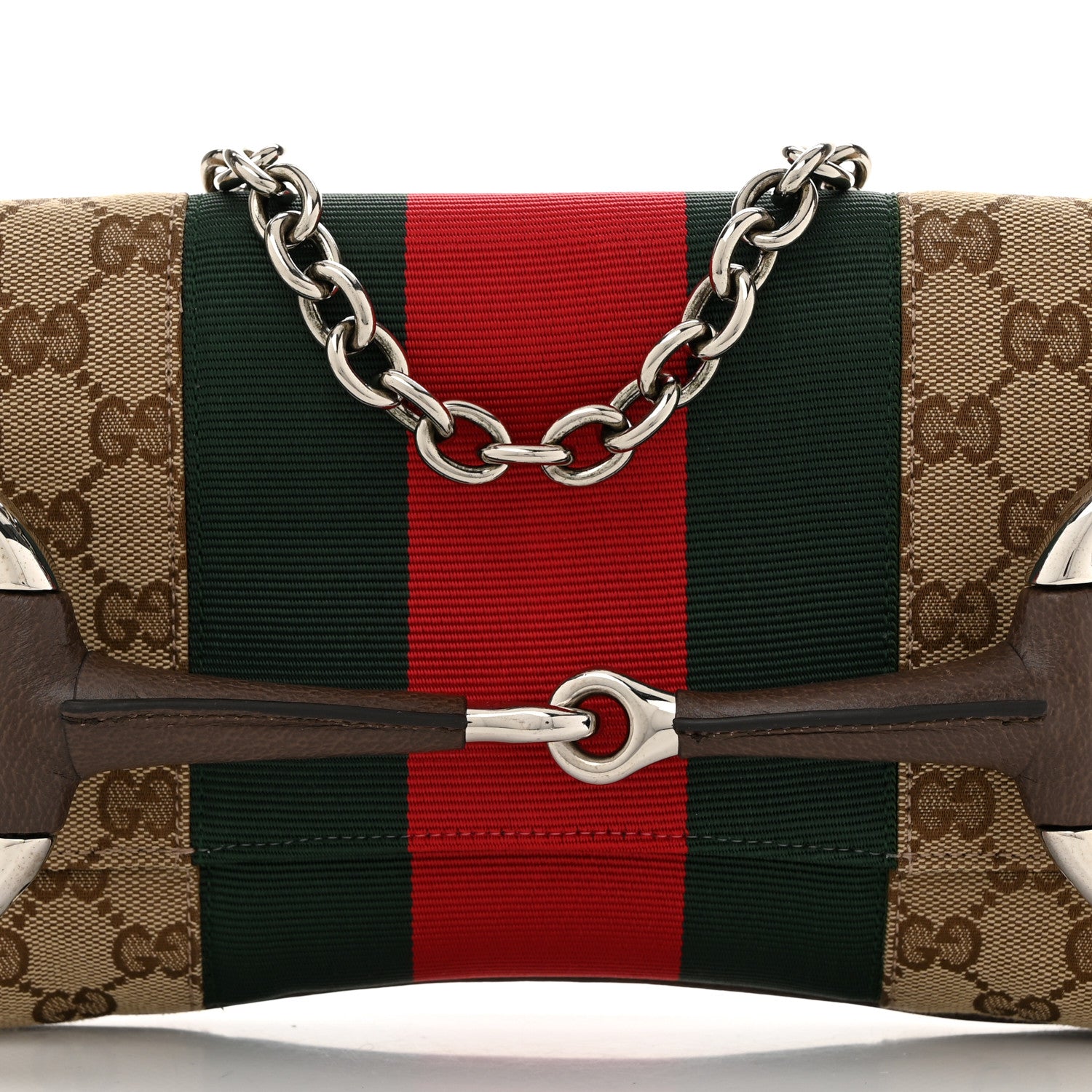 Gucci Monogram Textured Dollar Calfskin Heavy Grosgrain Web Medium Maxi Horsebit Chain Shoulder Bag Beige Ebony New Acero 9 of 10
