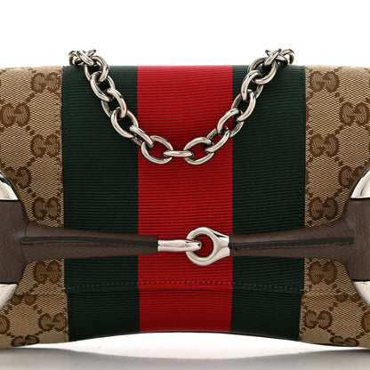 Gucci Monogram Textured Dollar Calfskin Heavy Grosgrain Web Medium Maxi Horsebit Chain Shoulder Bag Beige Ebony New Acero 9 of 10