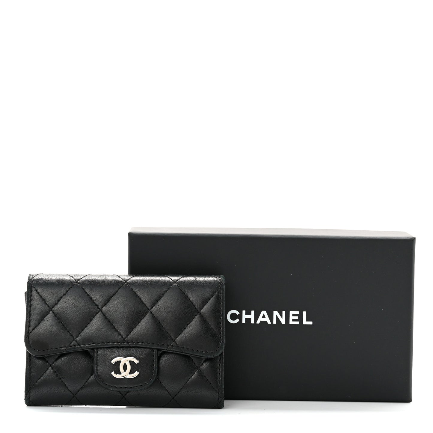 Lambskin Quilted Flap Card Holder Wallet Black