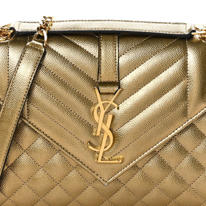 Saint Laurent Metallic Grain De Poudre Textured Mixed Matelasse Triquilt Medium Monogram Satchel Gold 7 of 9