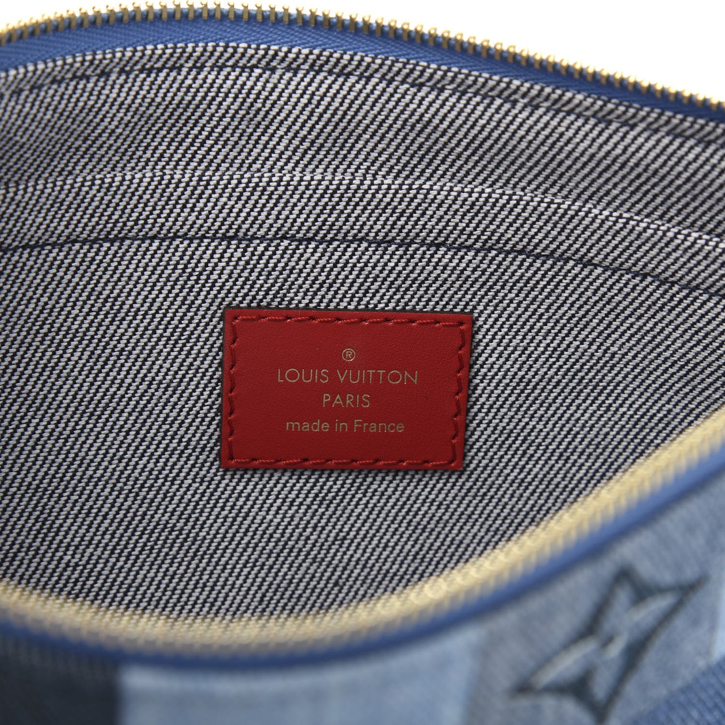 Denim Damier Monogram Patchwork Neverfull MM Pochette Blue Rouge
