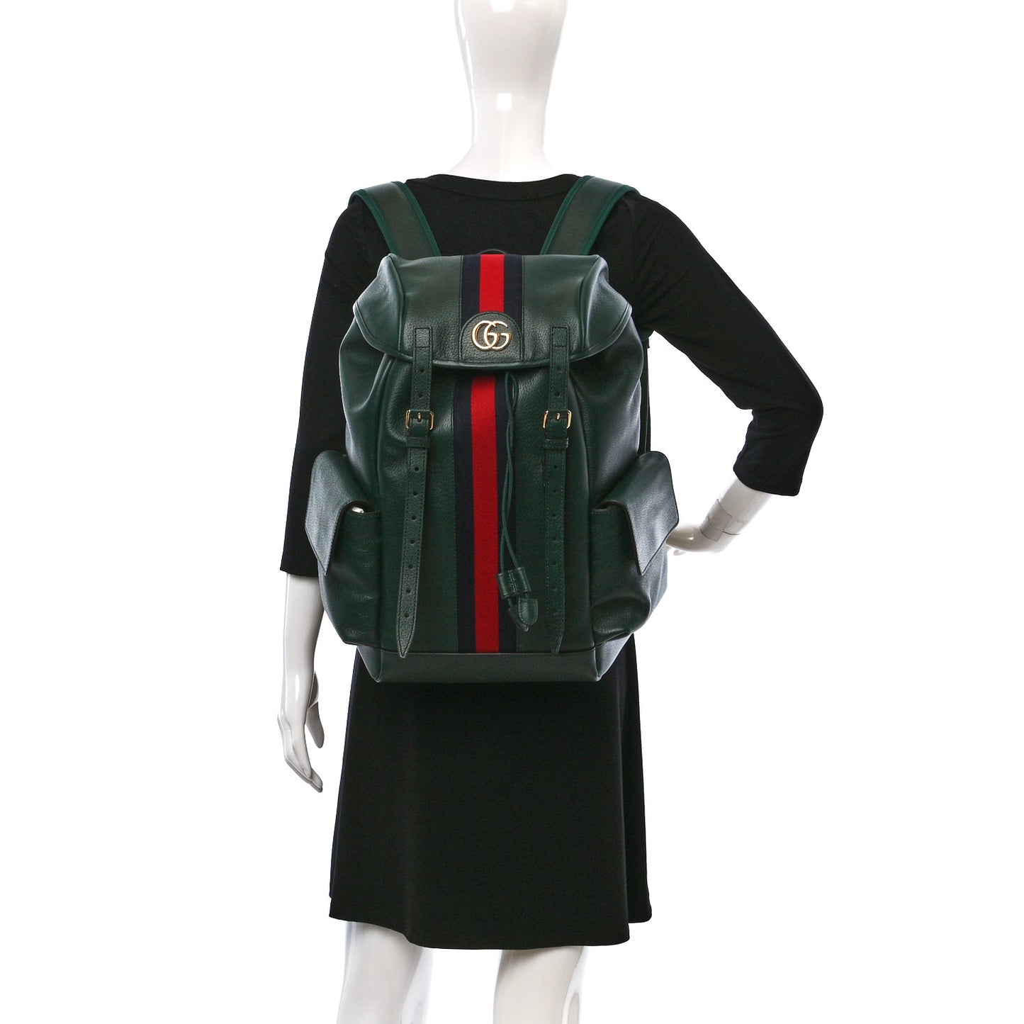 Grained Calfskin Medium Ophidia Double Buckle Backpack Green