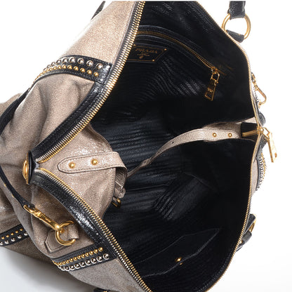 Prada Crackled Calfskin Studded Tote Talco Black 5 of 12