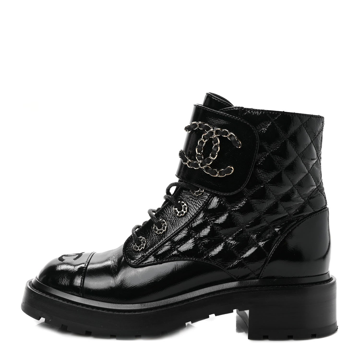 Chanel Shiny Calfskin Quilted Lace Up Combat Boots 37.5 Black 1 of 9
