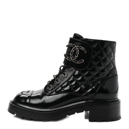 Chanel Shiny Calfskin Quilted Lace Up Combat Boots 37.5 Black 1 of 9