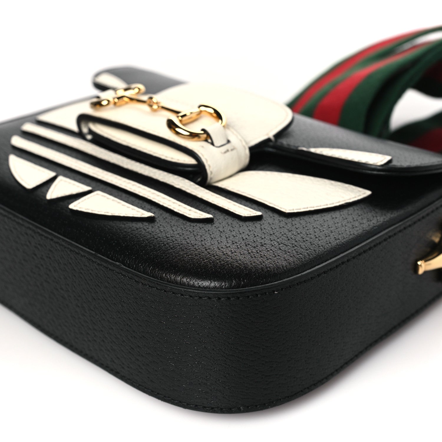 Gucci X ADIDAS Textured Dollar Calfskin Web Trefoil Mini Horsebit 1955 Shoulder Bag Black Off White 10 of 10