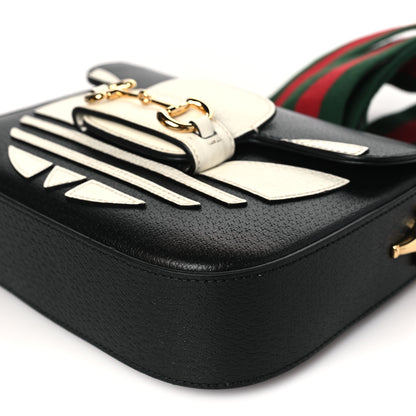 Gucci X ADIDAS Textured Dollar Calfskin Web Trefoil Mini Horsebit 1955 Shoulder Bag Black Off White 10 of 10