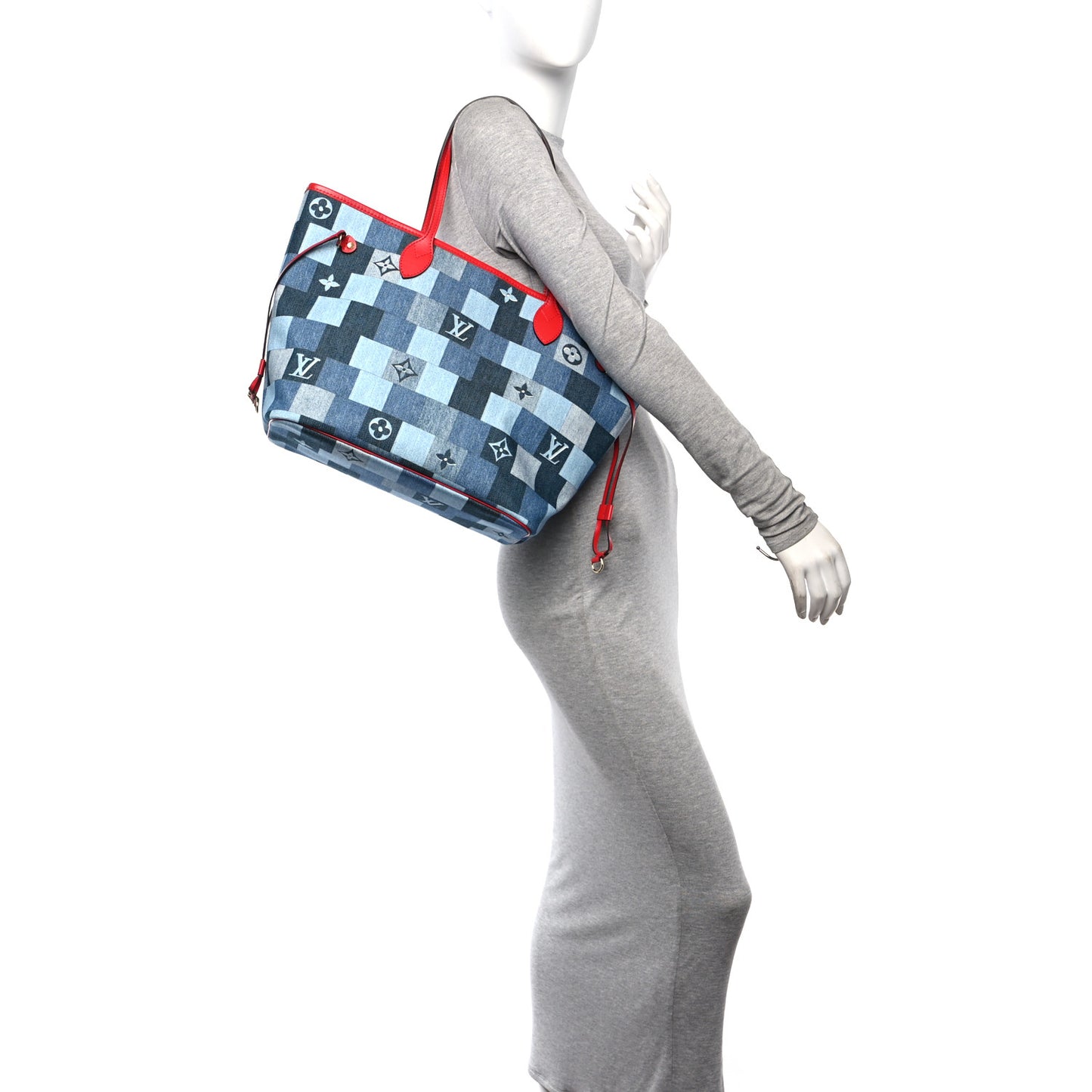 Denim Damier Monogram Patchwork Neverfull Blue Rouge