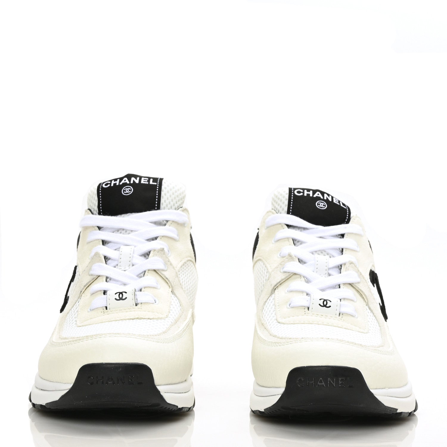 Chanel Mesh Suede Calfskin Grained Calfskin Womens CC Sneakers 39.5 White Black 2 of 7