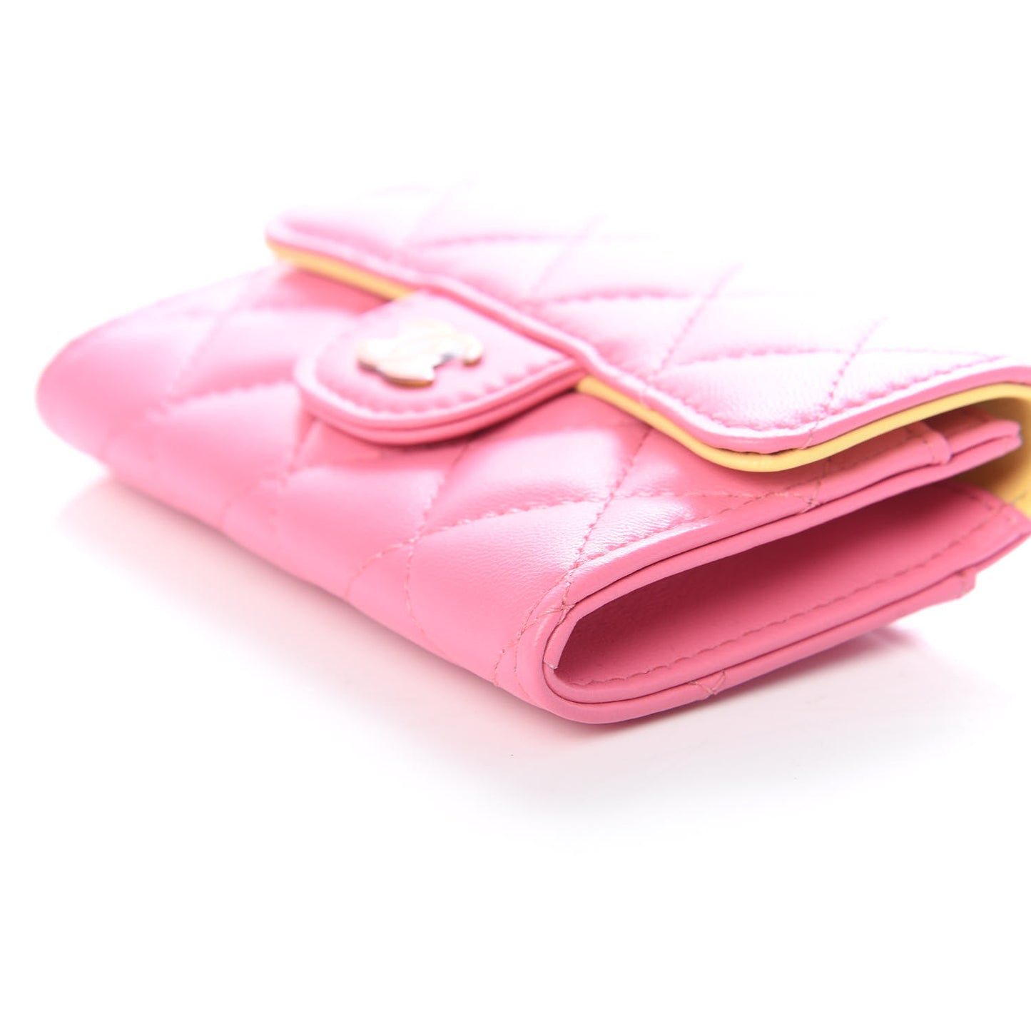 Lambskin Quilted Flap Card Holder Wallet Pink Yellow