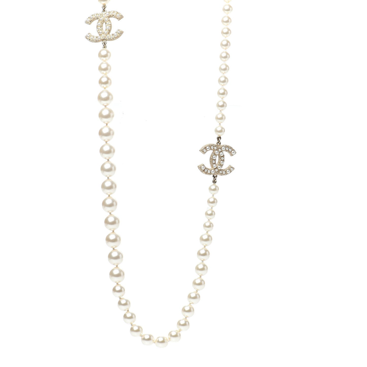 Crystal Pearl CC Long Necklace Gold