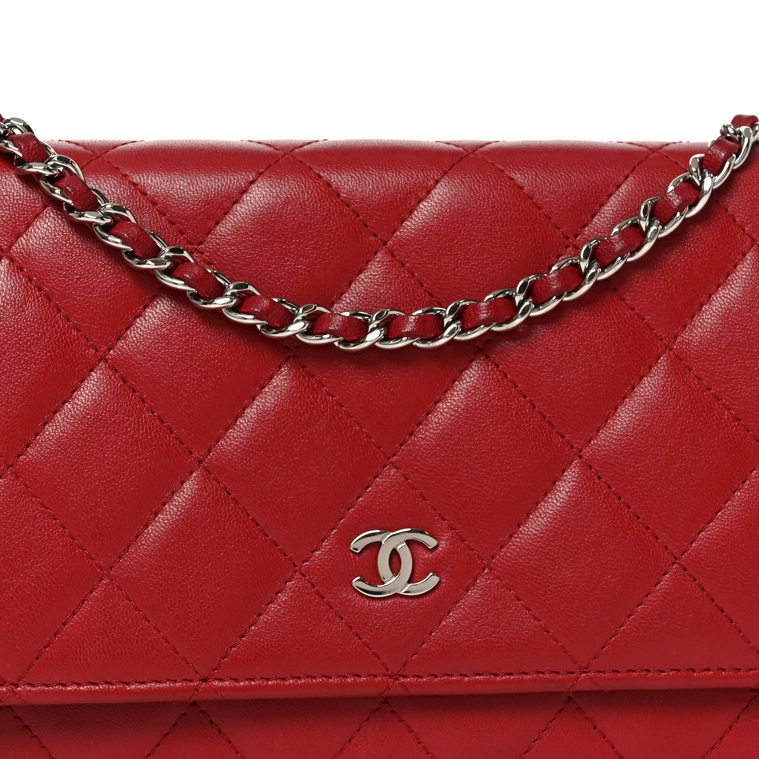 Chanel Lambskin Quilted Wallet On Chain WOC Red 8 of 10
