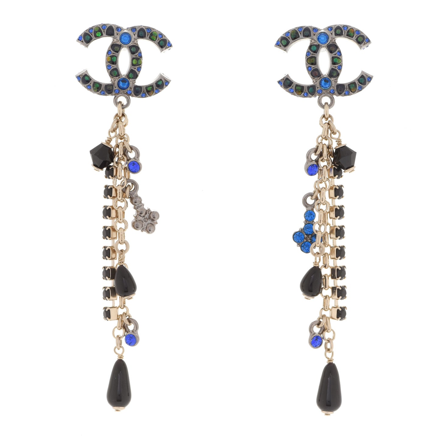 Crystal Bead CC Dangle Earrings Silver Blue Black