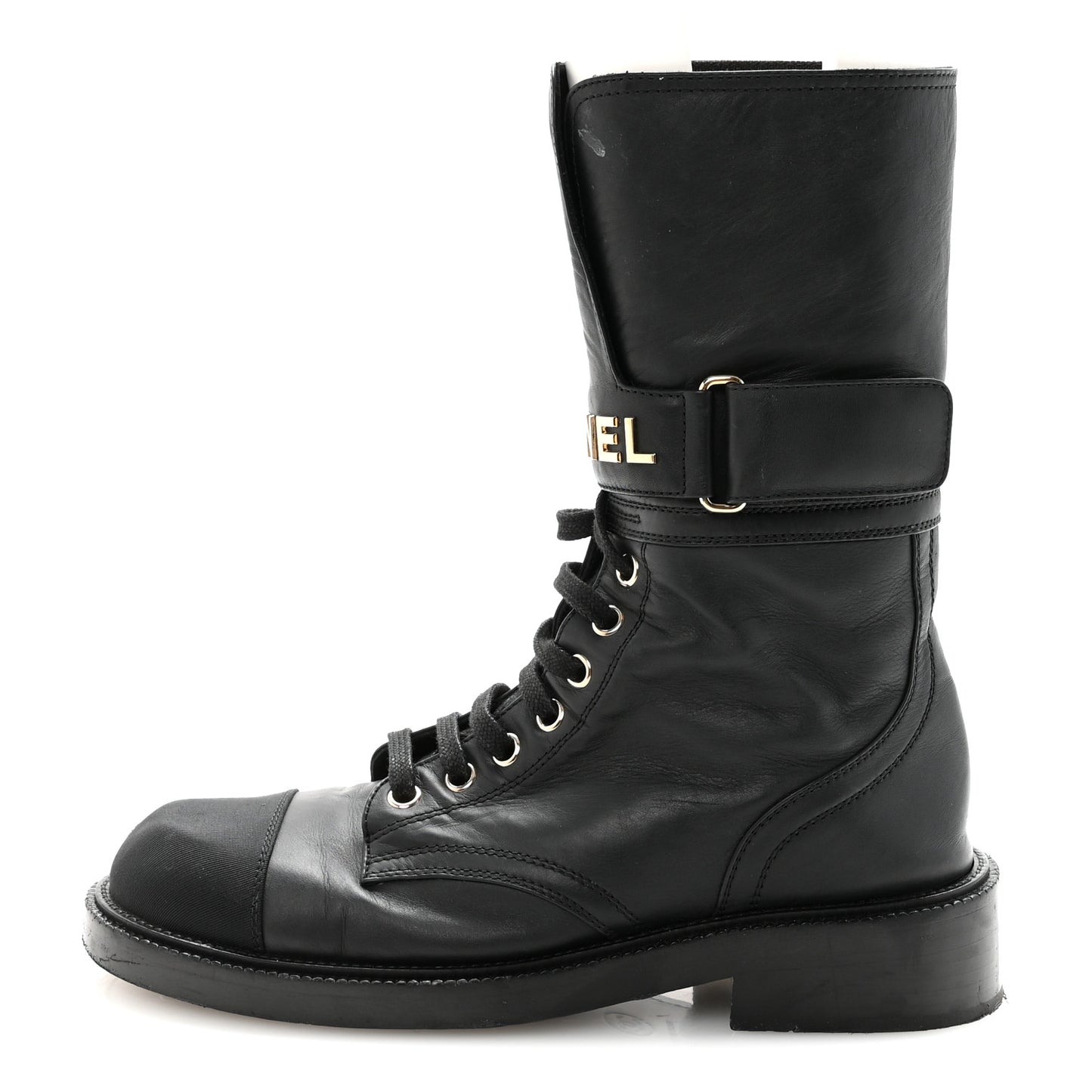 Shiny Calfskin Lace Up Combat Boots 37 Black