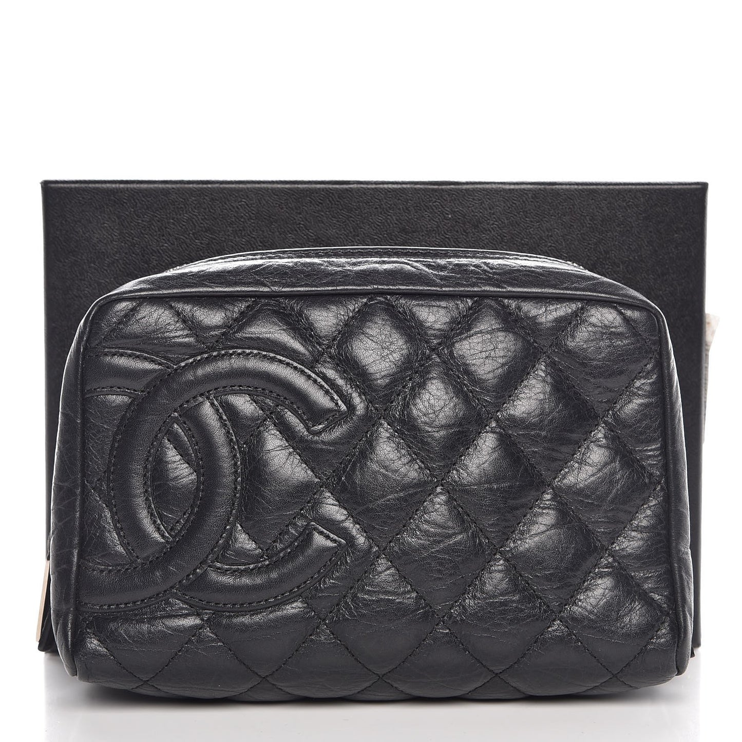 Aged Calfskin Quilted Cambon Cosmetic Case Black