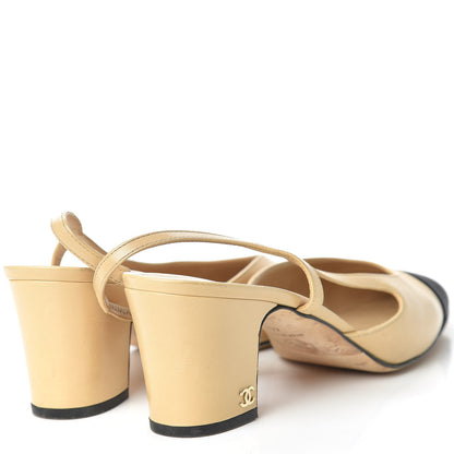 Chanel Goatskin Grosgrain Cap Toe CC Slingback Pumps 40 Beige Black 4 of 13