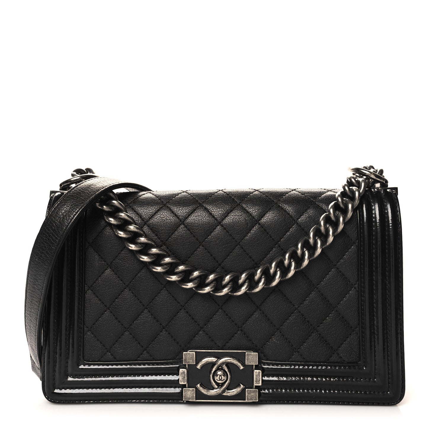 Goatskin Quilted Patent Medium Duo Boy Flap Black