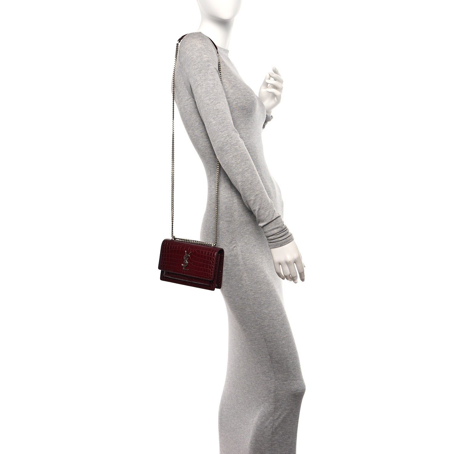 Saint Laurent Calfskin Crocodile Embossed Monogram Sunset Chain Wallet Rouge Legion 2 of 12