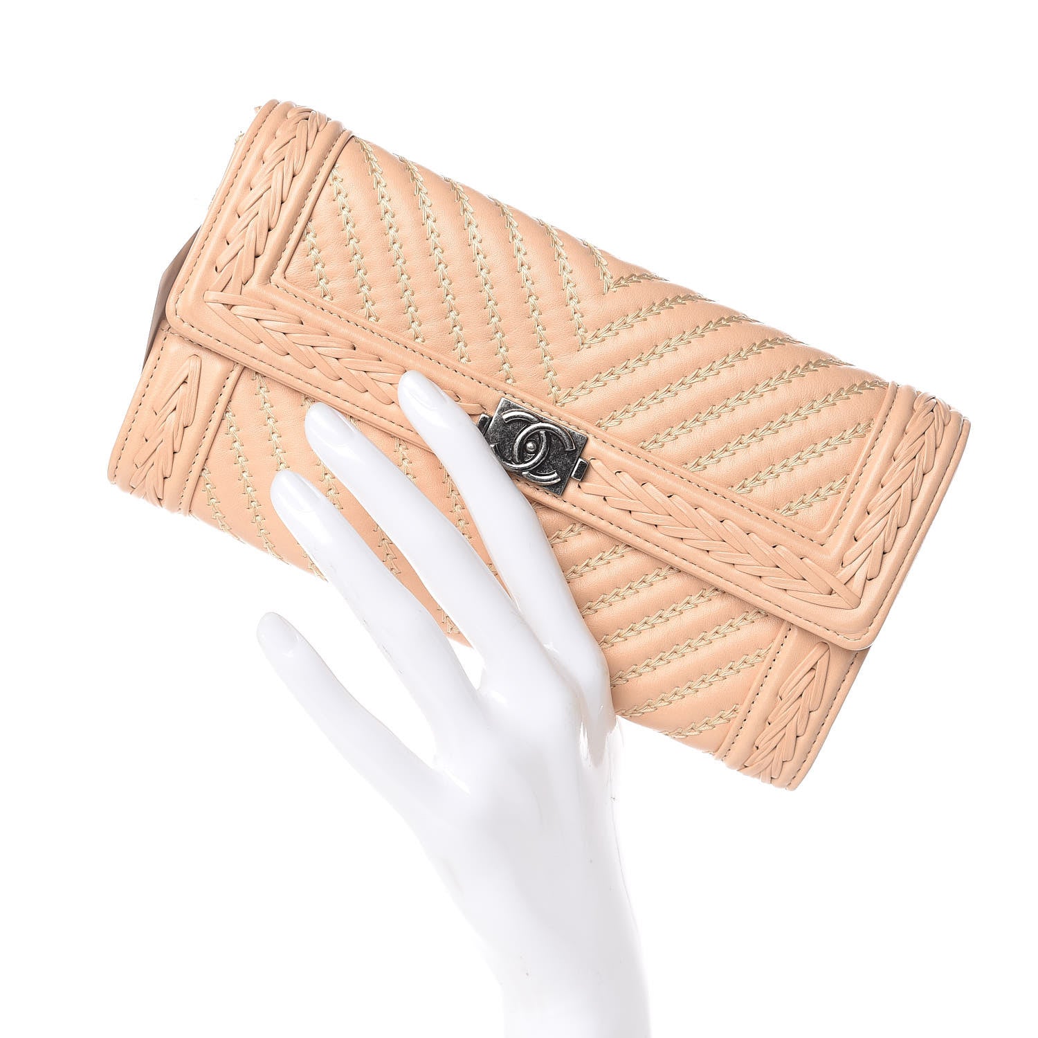 Chanel Calfskin Braided Chevron Boy Flap Wallet Beige 2 of 8