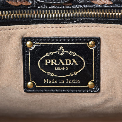 Prada Goatskin Woven Small Tote Black Cammello 6 of 13