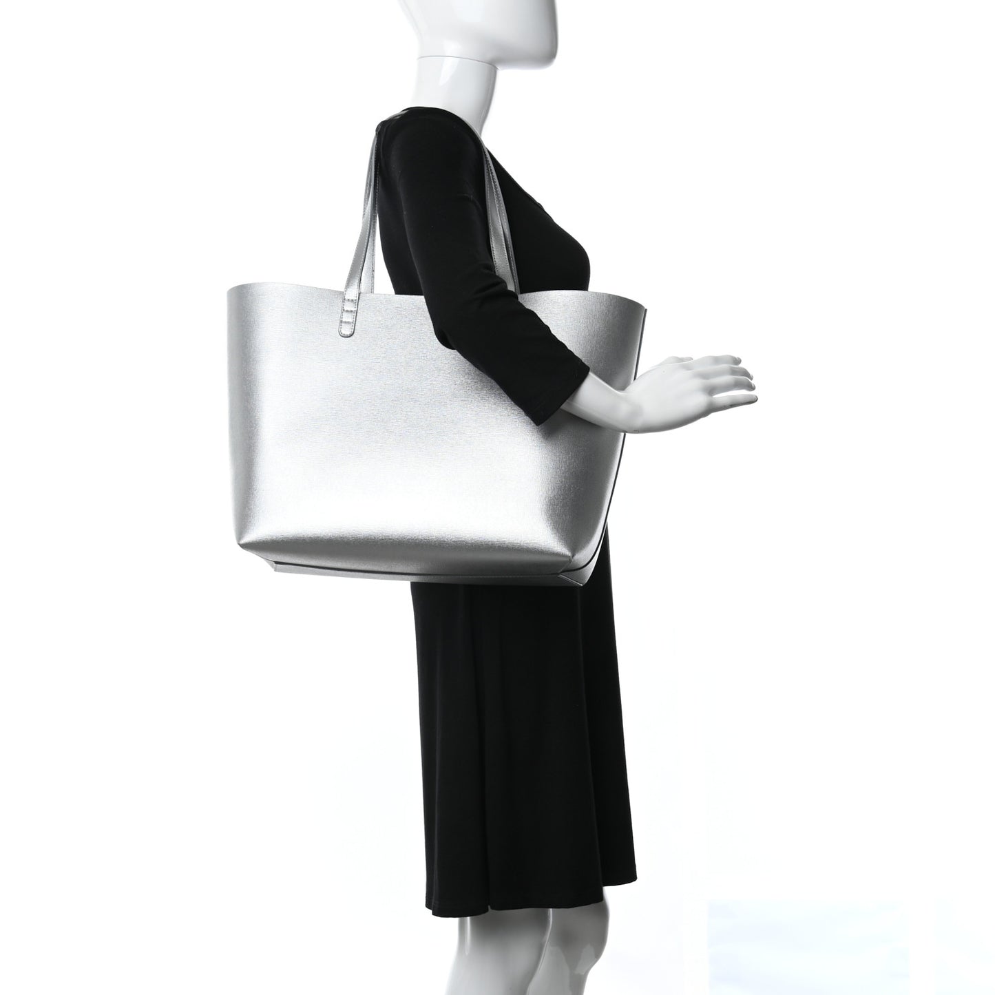 Metallic Saffiano Small Shopping Tote Silver