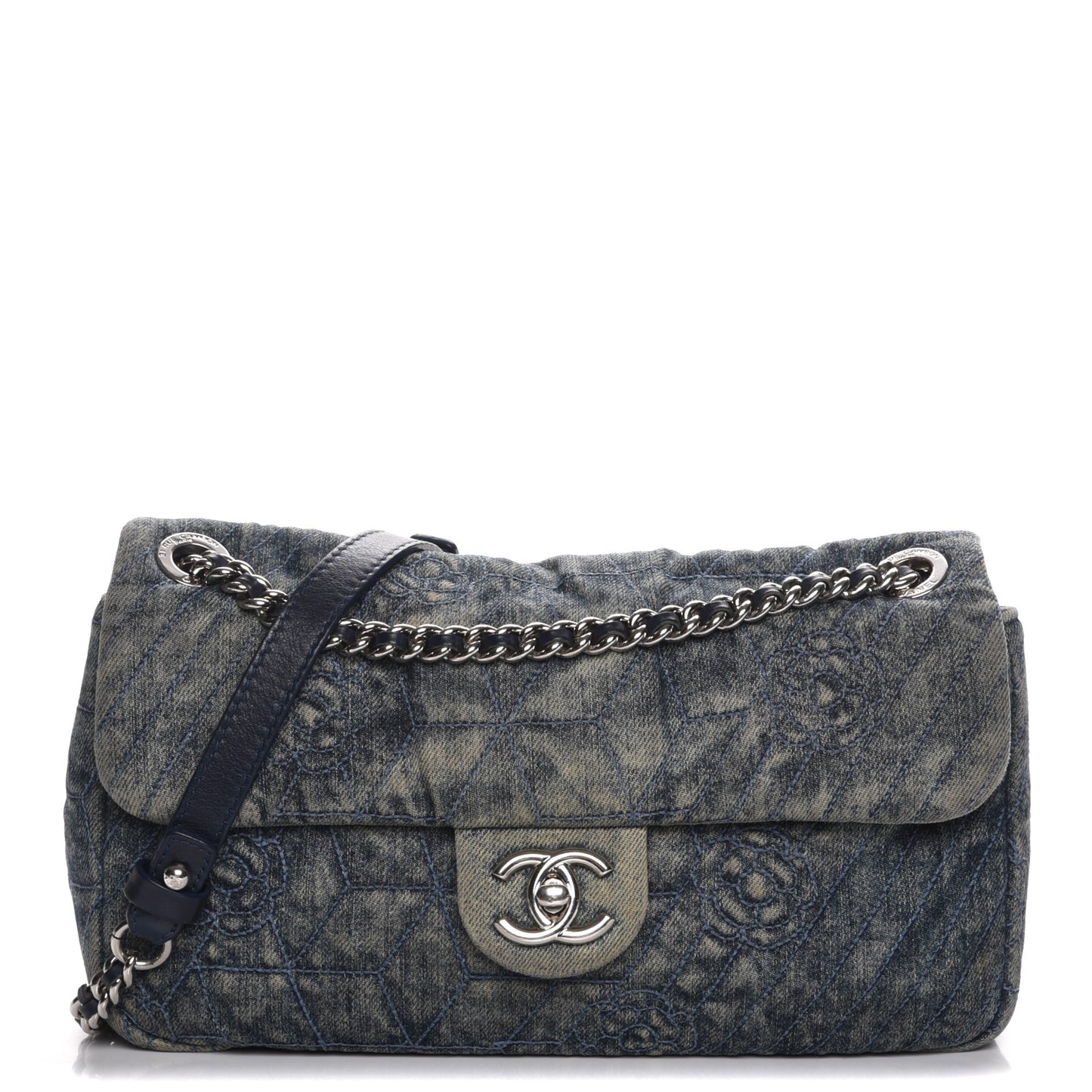 Denim Quilted Camellia Embroidered Medium Flap Blue