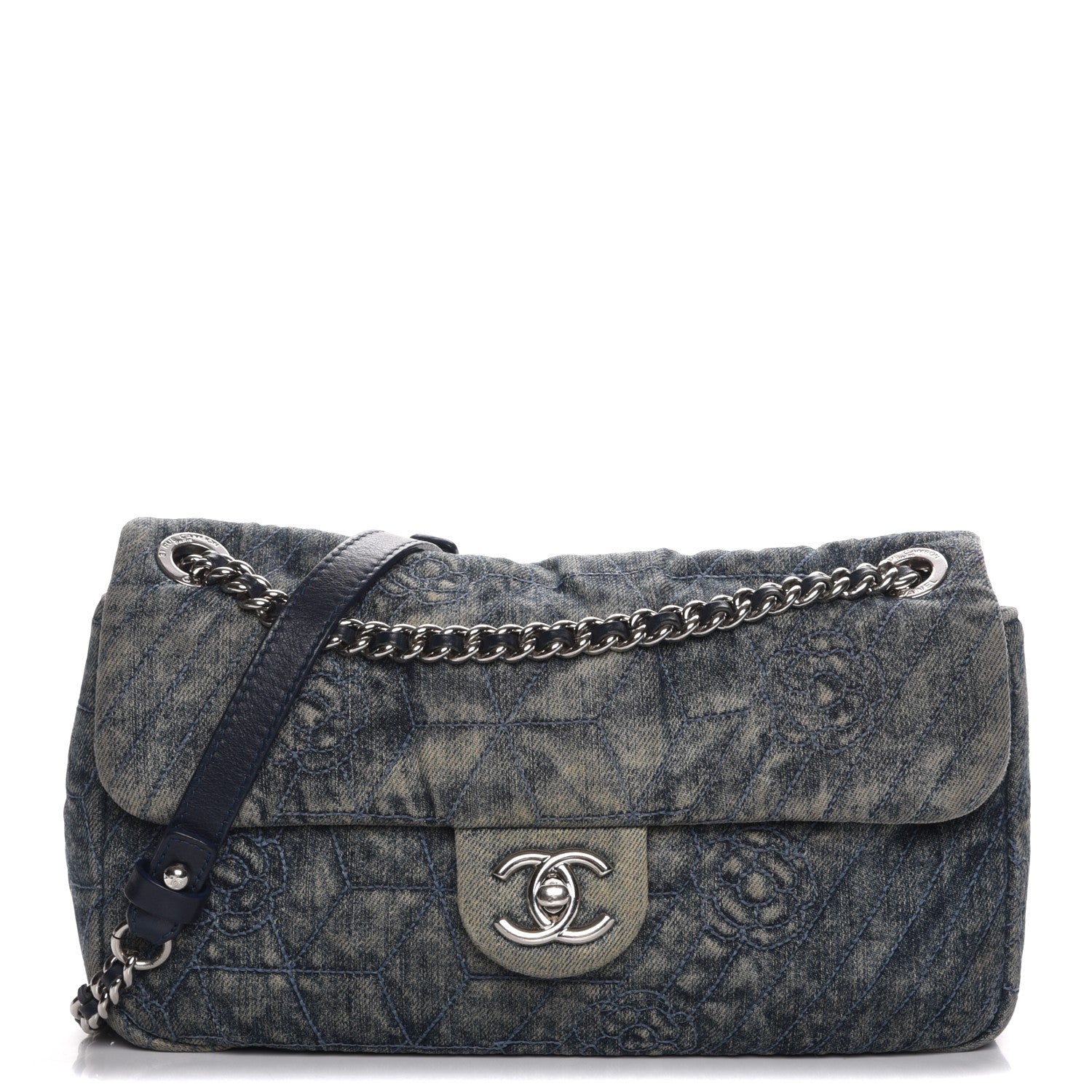 Chanel Denim Quilted Camellia Embroidered Medium Flap Blue 1 of 7