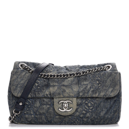 Chanel Denim Quilted Camellia Embroidered Medium Flap Blue 1 of 7