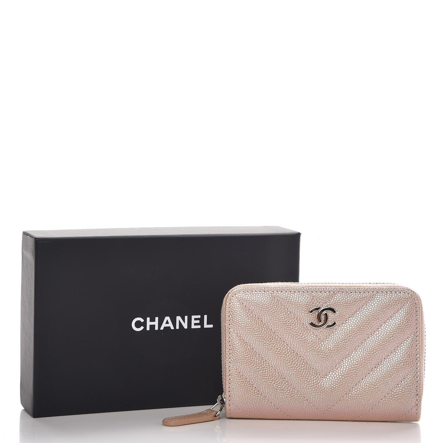Metallic Caviar Chevron Quilted Zip Around Coin Purse Light Gold