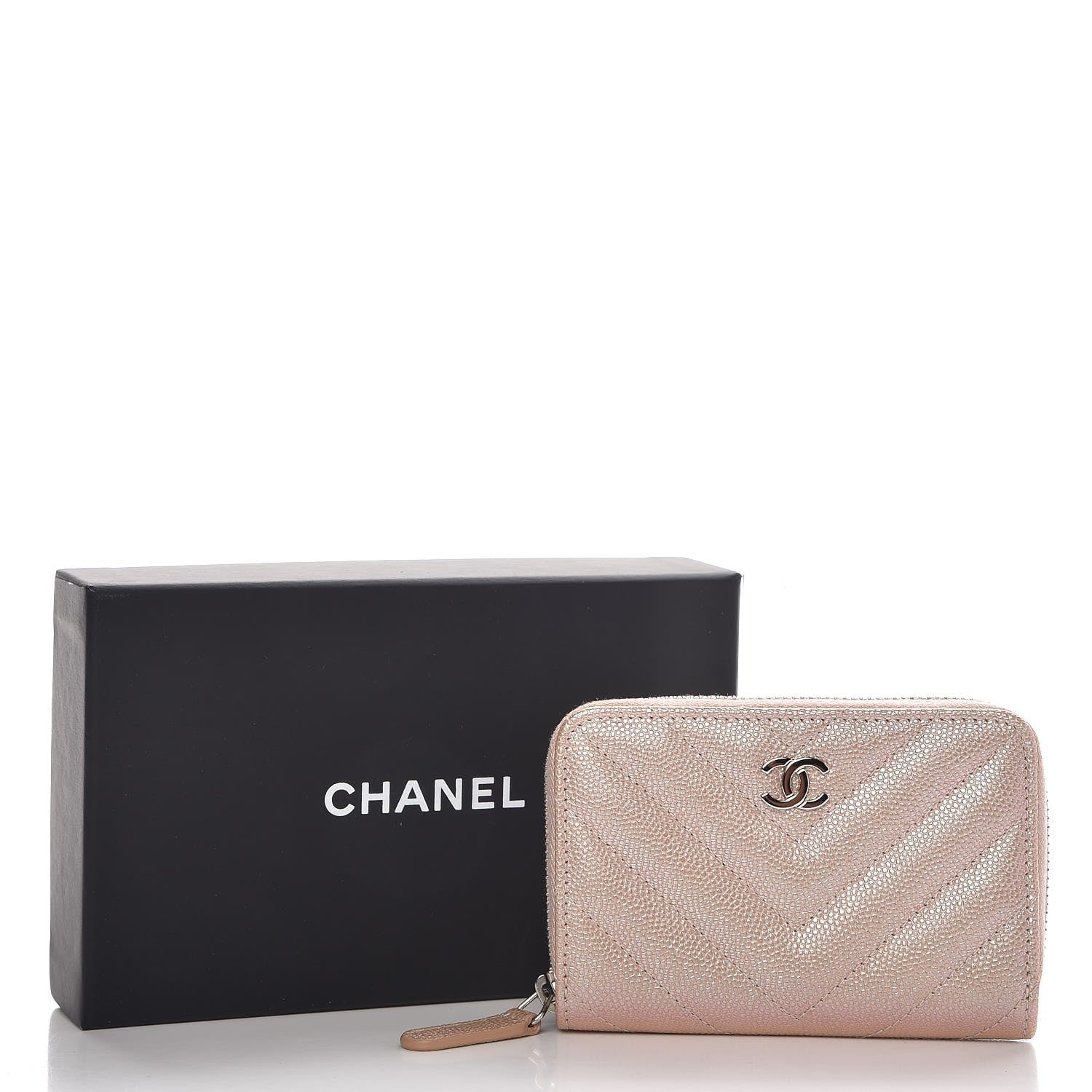 Chanel Metallic Caviar Chevron Quilted Zip Around Coin Purse Light Gold 8 of 8