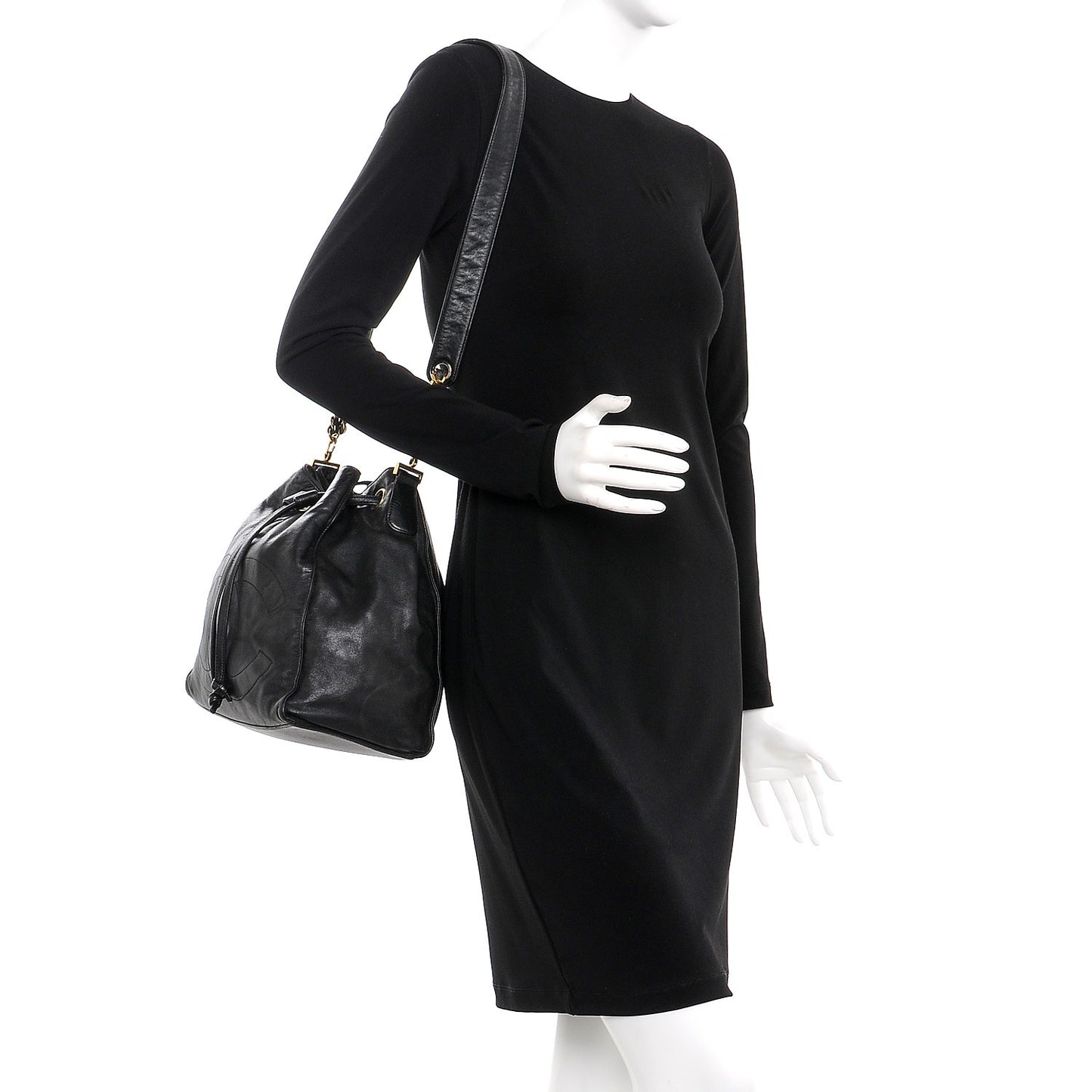 Lambskin CC Drawstring Shoulder Bag Black