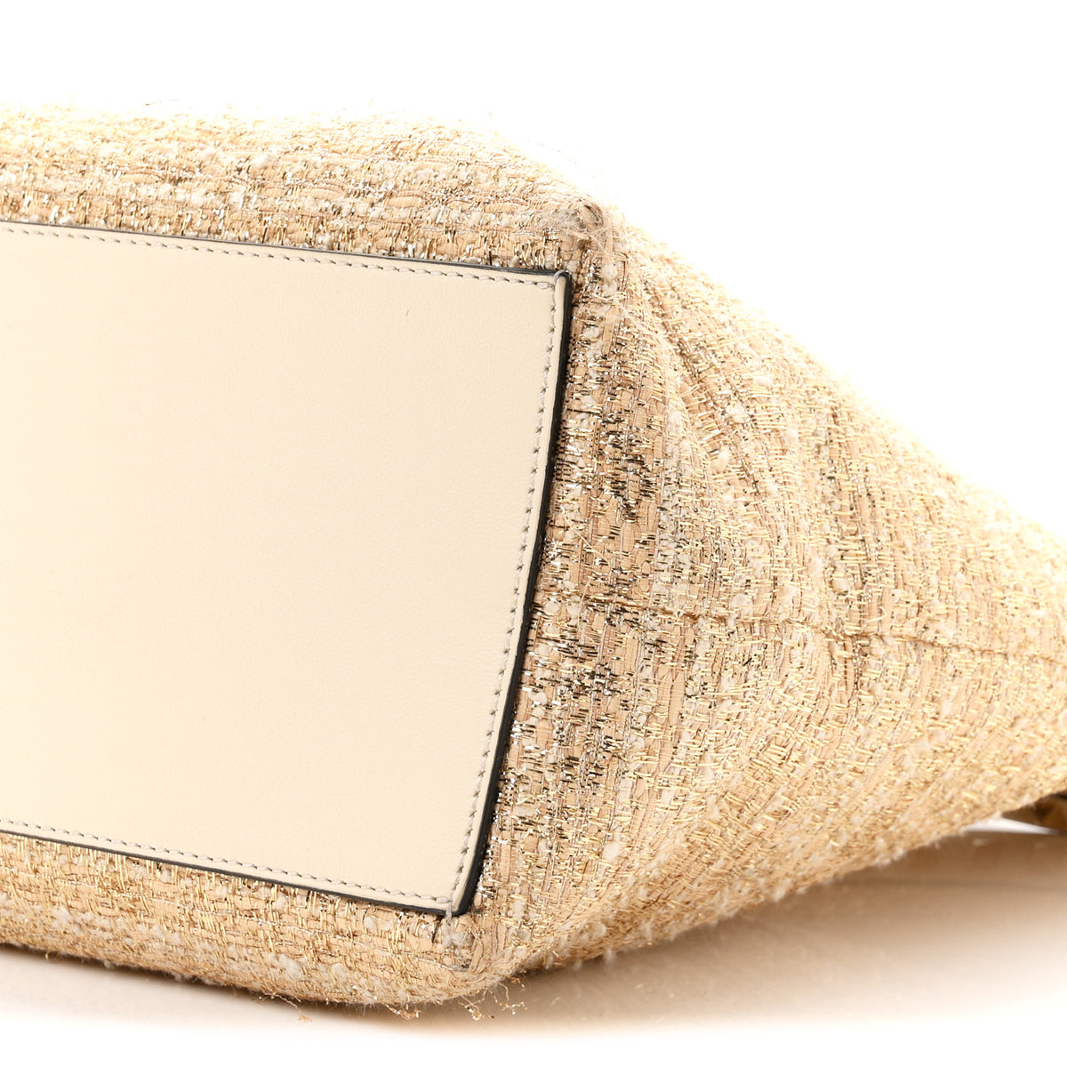 Metallic Boucle Raffia Calfskin Rockstud Shoulder Tote White Gold Ivory