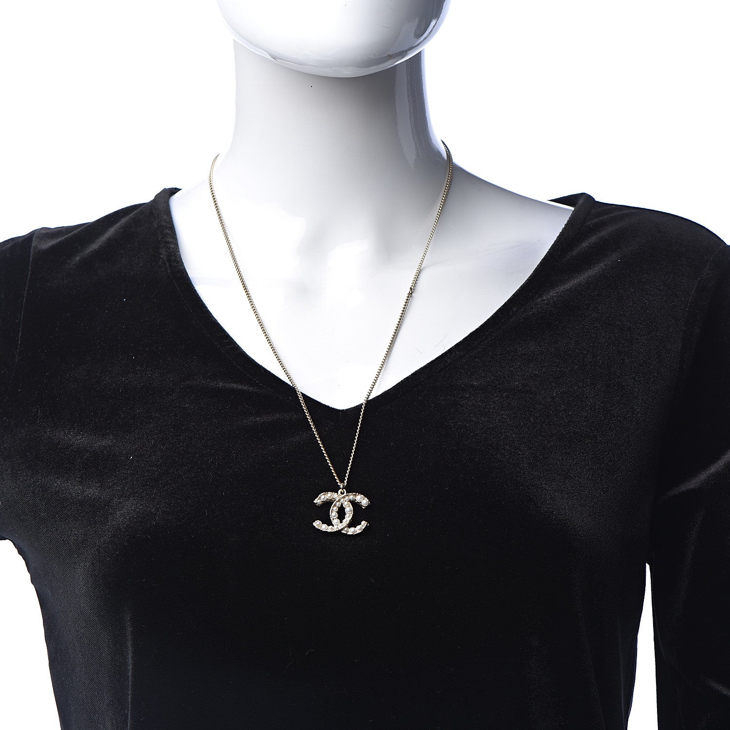 Chanel Pearl Crystal CC Pendant Necklace Gold 2 of 6