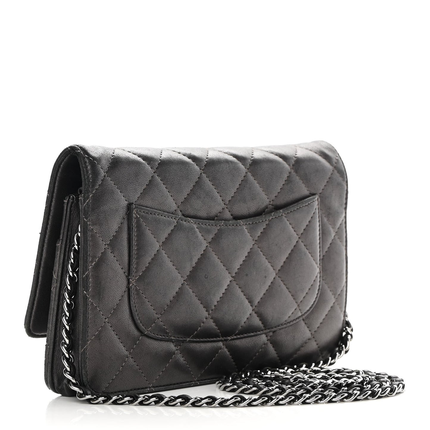 Metallic Lambskin Quilted Wallet On Chain WOC Dark Grey