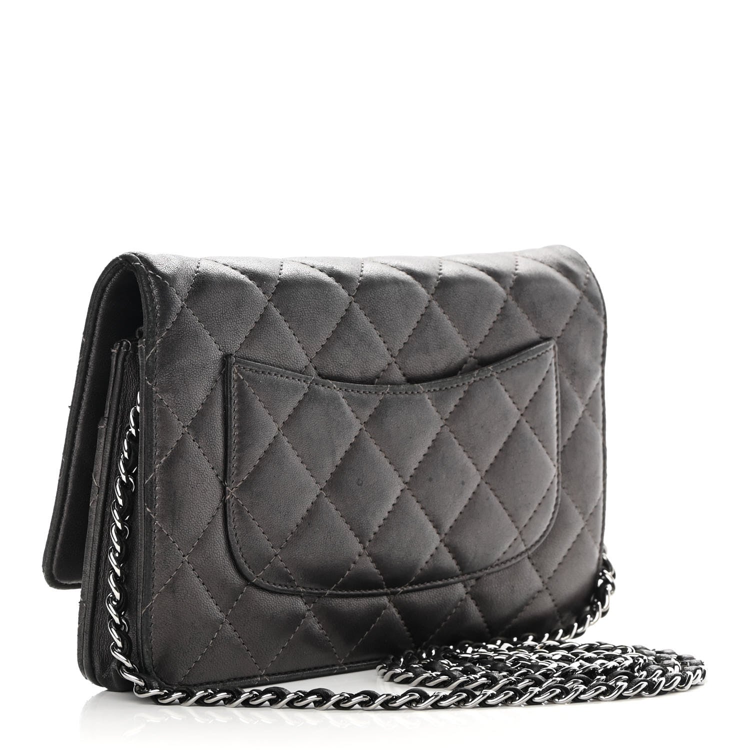 Chanel Metallic Lambskin Quilted Wallet On Chain WOC Dark Grey 3 of 17